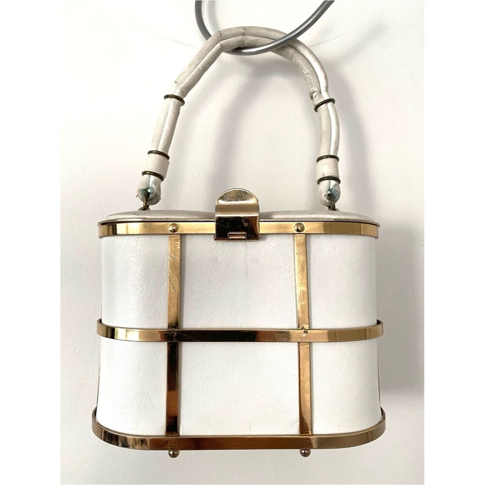 Vintage 1950s ETRA White Leather Gold Cage Box Bag | Mid-Century Trunk Purse
